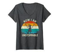 Women's Vintage Retro Funny Trex Dinosaur Now I'm Unstoppable T-Rex V-Neck T-Shirt, Dark Heather Grey, Medium
