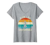 Women's Vintage Retro Funny Trex Dinosaur Now I'm Unstoppable T-Rex V-Neck T-Shirt, Heather Grey, Medium