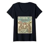 Women's Vintage Retro Japan Postcard Style Little Baby Monkey Punch V-Neck T-Shirt