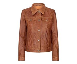Womens Vintage Retro Jeans Jacket Style Real Leather Short Biker Grease 1980s Classic - Tan M