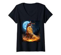 Women's Vintage Roaring Spinosaurus Mirabilis Dinosaur Moon Night V-Neck T-Shirt