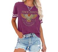 Women's Vintage Rock Band T-Shirt/Free Bird Eagle Graphic Tees/Country Concert Music Short Sleeve Shirts Tops, Purple Red, XXL