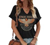 Women's Vintage Rock Band T-Shirt/Free Bird Eagle Graphic Tees/Country Concert Music Short Sleeve Shirts Tops, Black, S