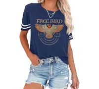 Women's Vintage Rock Band T-Shirt/Free Bird Eagle Graphic Tees/Country Concert Music Short Sleeve Shirts Tops, Blue-2, XXL