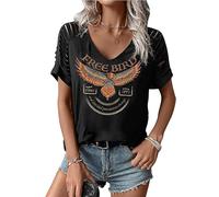Women's Vintage Rock Band T-Shirt/Free Bird Eagle Graphic Tees/Country Concert Music Short Sleeve Shirts Tops, Black-2, L