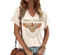 Women's Vintage Rock Band T-Shirt/Free Bird Eagle Graphic Tees/Country Concert Music Short Sleeve Shirts Tops, Khaki, M
