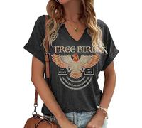 Women's Vintage Rock Band T-Shirt/Free Bird Eagle Graphic Tees/Country Concert Music Short Sleeve Shirts Tops, Grey, XL