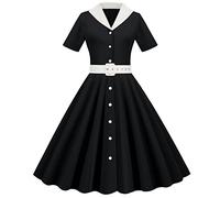 Womens Vintage Rockabilly A Line Swing Cocktail Party Dress Plain Button Short Sleeve Retro Dresses Swing Flowy Tea Dress Audrey Hepburn 50s 60s Dance Gown with Belted Black