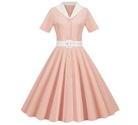 Womens Vintage Rockabilly Dress 1950s A Line Swing Cocktail Party Dress Plain Button Short Sleeve Retro Dresses Swing Flowy Tea Dress Audrey Hepburn 50s 60s Dance Gown with Belted Pink