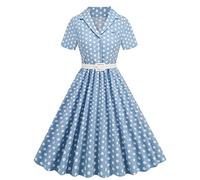 Women's Vintage Rockabilly Dress 1950s A Line Swing Cocktail Party Dress V Neck Wrap Short Sleeve Retro Dresses Button V Neck Tea Dress Audrey Hepburn 50s 60s Dance Gown with Belt Light Blue