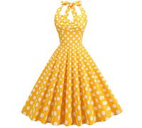 Womens Vintage Rockabilly Dress 1950s Audrey Hepburn Dress A Line Swing Cocktail Party Dresses Halter Neck Wrap Retro Dresses Elegant Pleated Tea Dress 50s 60s Dance Gown with Belt Yellow