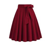 Womens Vintage Rockabilly Skirt 1950s A Line Swing Cocktail Party Skirts Plain Retro Swing Flowy Tea Skirt Audrey Hepburn 50s 60s Dance Gown with Belted Wine
