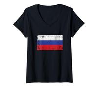 Womens Vintage Russian Banner Fan Russia Flag Retro V-Neck T-Shirt