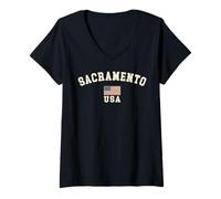 Womens Vintage Sacramento USA American Flag CA Souvenir Retro V-Neck T-Shirt