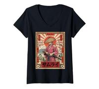 Women's Vintage Sakura Samurai Warrior Japanese Art Retro Japan V-Neck T-Shirt