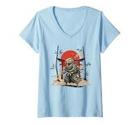 Women's Vintage Samurai Capybara Ukiyo-e Warrior Art Anime Retro V-Neck T-Shirt