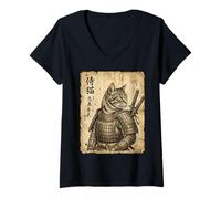 Women's Vintage Samurai Cat Warrior Japanese Woodblock Japan V-Neck T-Shirt