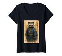 Womens Vintage Samurai Raccoon Vintage Ukiyo-e Warrior Art Anime V-Neck T-Shirt