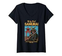 Womens Vintage Samurai Warrior Art Asia Cool Japanese Poster V-Neck T-Shirt