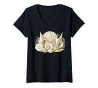 Women's Vintage Seashell Sand Dollar Starfish Ocean Design V-Neck T-Shirt