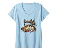 Women's Vintage Sewing Machine Cat Tangled Thread Quilting Seamstres V-Neck T-Shirt