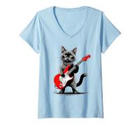 Womens Vintage Siamese Cat Playing Guitar Funny Kitten Lover V-Neck T-Shirt