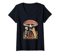 Women's Vintage Skeleton and Orange Cat Mushroom Forager Aesthetic V-Neck T-Shirt