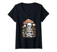 Women's Vintage Skeleton Drinking Coffee Beneath a Giant Mushroom V-Neck T-Shirt