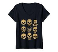 Womens Vintage Skull Faces Collection Halloween Gothic V-Neck T-Shirt