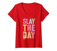Women's Vintage Slay The Day Competition Game Match Cheer Soccer Mom V-Neck T-Shirt