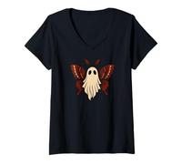Womens Vintage Spooky Ghost Moth Aesthetic Halloween Graphic V-Neck T-Shirt