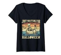 Womens Vintage Spooky Summer Skeleton Just Waiting for Halloween V-Neck T-Shirt