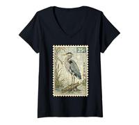 Women's Vintage Stamp Art Style Great Blue Heron Birdwatcher Lover V-Neck T-Shirt