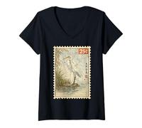 Women's Vintage Stamp Art Style Great Egret Birdwatcher Lover V-Neck T-Shirt