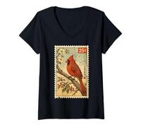 Women's Vintage Stamp Art Style Northern Cardinal Birdwatcher Lover V-Neck T-Shirt