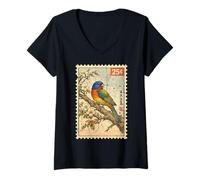 Women's Vintage Stamp Art Style Painted Bunting Birdwatcher Lover V-Neck T-Shirt
