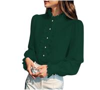 Womens Vintage Stand Ruffle Collar Shirt UK Summer Fall Open Front Button Down Blouses Ladies Long Sleeve with Pleated Cuffs Lightweight Elegant Gauze Tops