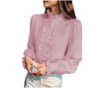 Womens Vintage Stand Ruffle Collar Shirt UK Summer Fall Open Front Button Down Blouses Ladies Long Sleeve with Pleated Cuffs Lightweight Elegant Gauze Tops