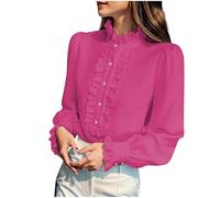 Womens Vintage Stand Ruffle Collar Shirt UK Summer Fall Open Front Button Down Blouses Ladies Long Sleeve with Pleated Cuffs Lightweight Elegant Gauze Tops