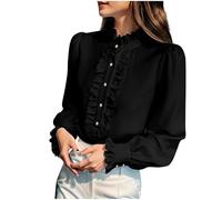 Womens Vintage Stand Ruffle Collar Shirt UK Summer Fall Open Front Button Down Blouses Ladies Long Sleeve with Pleated Cuffs Lightweight Elegant Gauze Tops