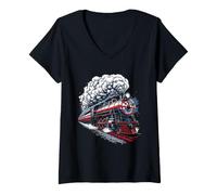Women's Vintage Steam Train Art with Bold Red and White Stripes V-Neck T-Shirt