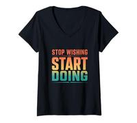 Women's Vintage Stop Wishing Start Doing Gym Motivation V-Neck T-Shirt