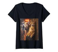 Women's Vintage Style Drifter Bengal Cat Smoking Cigar Retro Bar Tee V-Neck T-Shirt