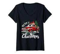 Womens Vintage Style Farm Red Truck with Christmas Tree V-Neck T-Shirt