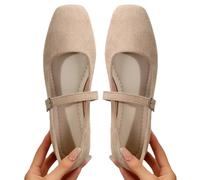 Women's Vintage Suede Flat Shoes with Ankle Strap, Soft Sole Square Toe Loafers for Spring and Fall Apricot, Size 7
