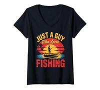 Womens Vintage Sunset Boat Just A Guy Who Loves Fishing Fisherman V-Neck T-Shirt