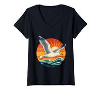 Women's Vintage Sunset Seagull Ocean Wave Beach Art V-Neck T-Shirt