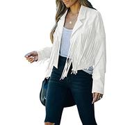 Women's Vintage Tassel Jackets Faux Suede Long Sleeve Cropped Coats Motor Biker Cardigan Outwears Hippie Y2k Streetwear (White, M)