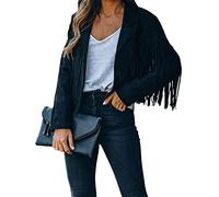 Women's Vintage Tassel Jackets Faux Suede Long Sleeve Cropped Coats Motor Biker Cardigan Outwears Hippie Y2k Streetwear (Black, S)