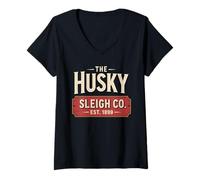 Womens Vintage The Husky Sleigh Co Classic Retro Christmas V-Neck T-Shirt